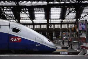 A TGV train at a rail station in Paris, France.