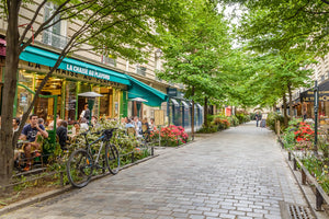 A quaint tree lined street in the Marais district of Paris.
