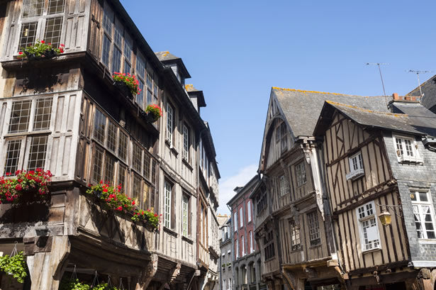Half-timbered houses in the medieval city of Dinan, France.