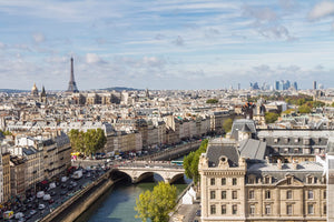 The skyline of Paris, France with the Eiffel Tower in the background.