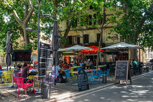 A cafe in a treelined square in Arles, France.  